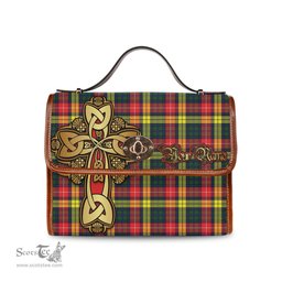 ScotsTee Shop Scottish Buchanan Modern Clan Tartan Canvas Bag Golden Thistle and Celtic Cross Personalize Your Name Bag
