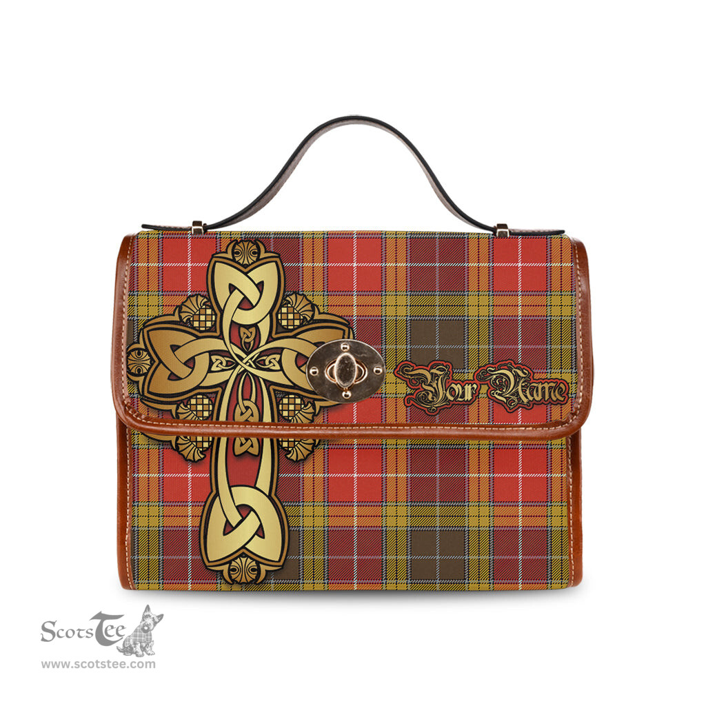 ScotsTee Shop Scottish Buchanan Old Set Weathered Clan Tartan Canvas Bag Golden Thistle and Celtic Cross Personalize Your Name Bag