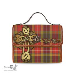 ScotsTee Shop Scottish Buchanan Old Set Weathered Clan Tartan Canvas Bag Golden Thistle and Celtic Cross Personalize Your Name Bag