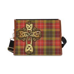 ScotsTee Shop Scottish Buchanan Old Set Weathered Clan Tartan Canvas Bag Golden Thistle and Celtic Cross Personalize Your Name Bag