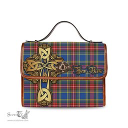 ScotsTee Shop Scottish Bethune Clan Tartan Canvas Bag Golden Thistle and Celtic Cross Personalize Your Name Bag