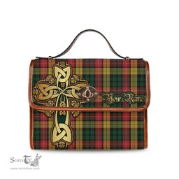 ScotsTee Shop Scottish Buchanan Clan Tartan Canvas Bag Golden Thistle and Celtic Cross Personalize Your Name Bag