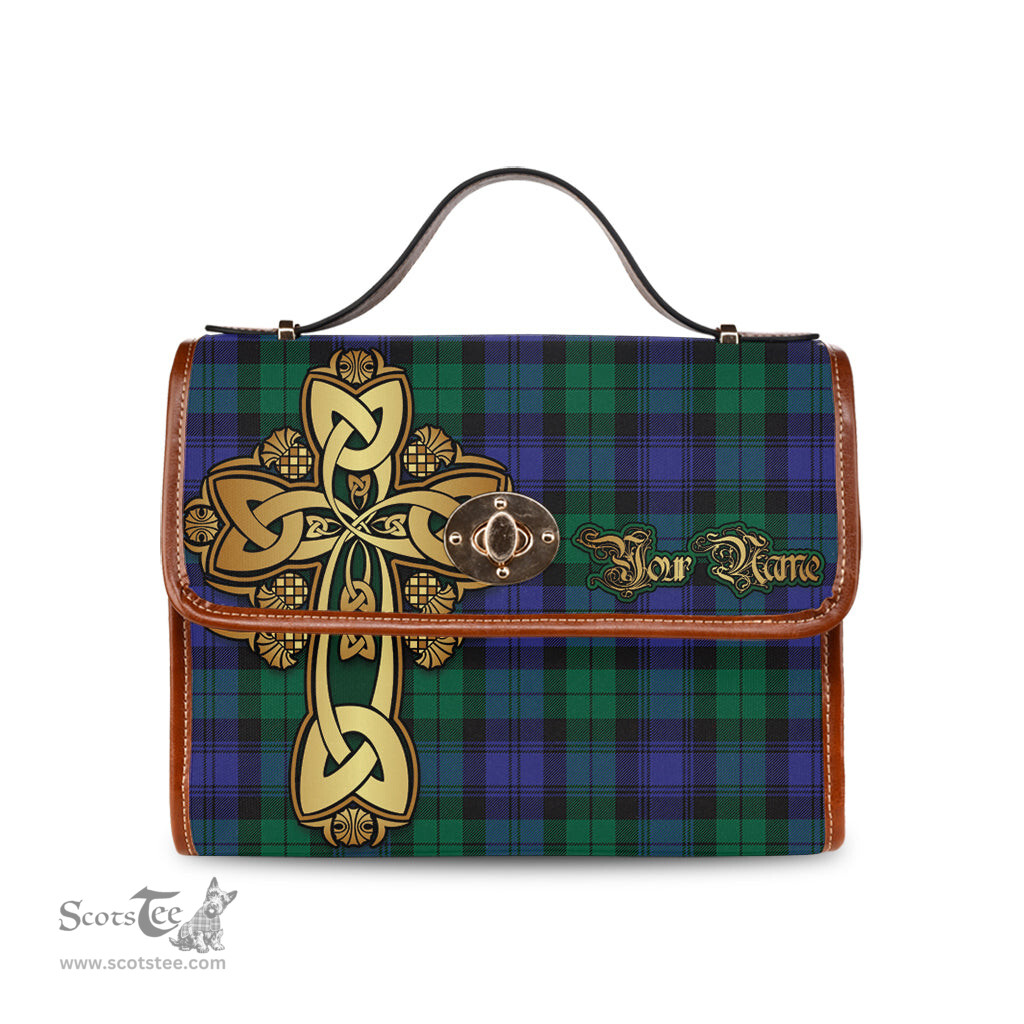 ScotsTee Shop Scottish Black Watch Modern Clan Tartan Canvas Bag Golden Thistle and Celtic Cross Personalize Your Name Bag