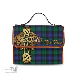 ScotsTee Shop Scottish Black Watch Modern Clan Tartan Canvas Bag Golden Thistle and Celtic Cross Personalize Your Name Bag