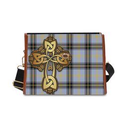 ScotsTee Shop Scottish Bell Clan Tartan Canvas Bag Golden Thistle and Celtic Cross Personalize Your Name Bag