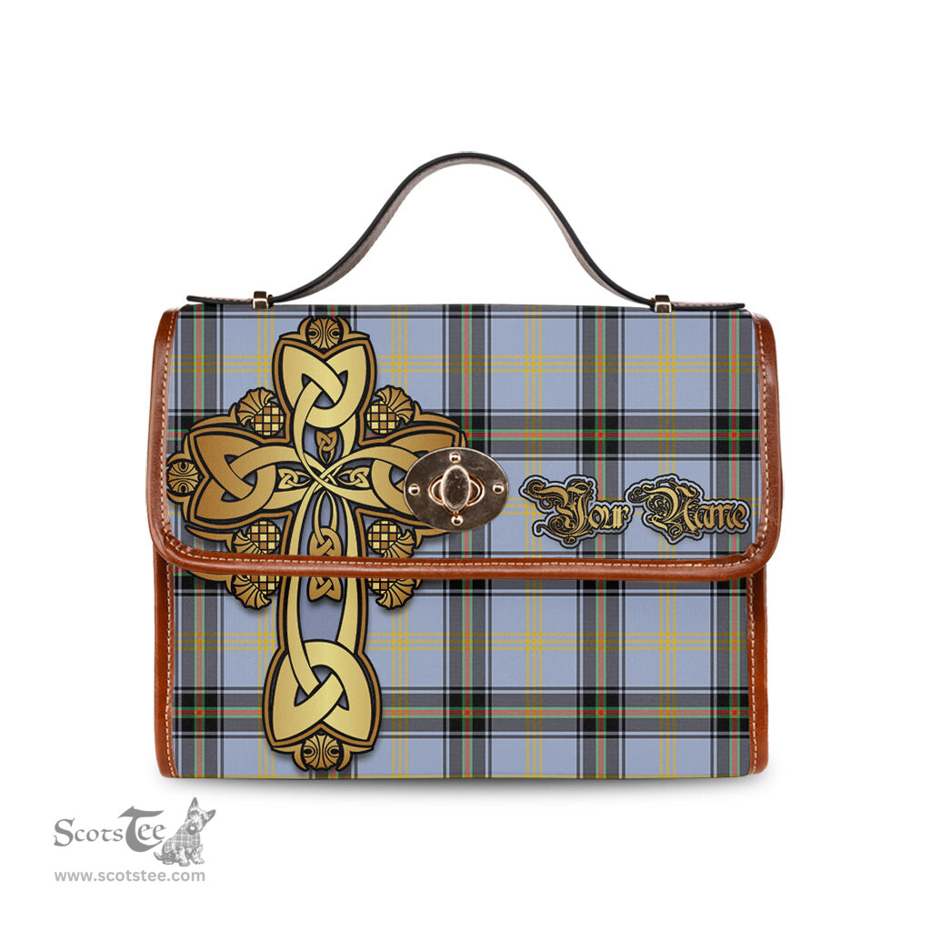 ScotsTee Shop Scottish Bell Clan Tartan Canvas Bag Golden Thistle and Celtic Cross Personalize Your Name Bag