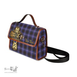 ScotsTee Shop Scottish Dunlop Modern Clan Tartan Canvas Bag Golden Thistle and Celtic Cross Personalize Your Name Bag