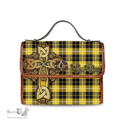ScotsTee Shop Scottish Barclay Dress Modern Clan Tartan Canvas Bag Golden Thistle and Celtic Cross Personalize Your Name Bag
