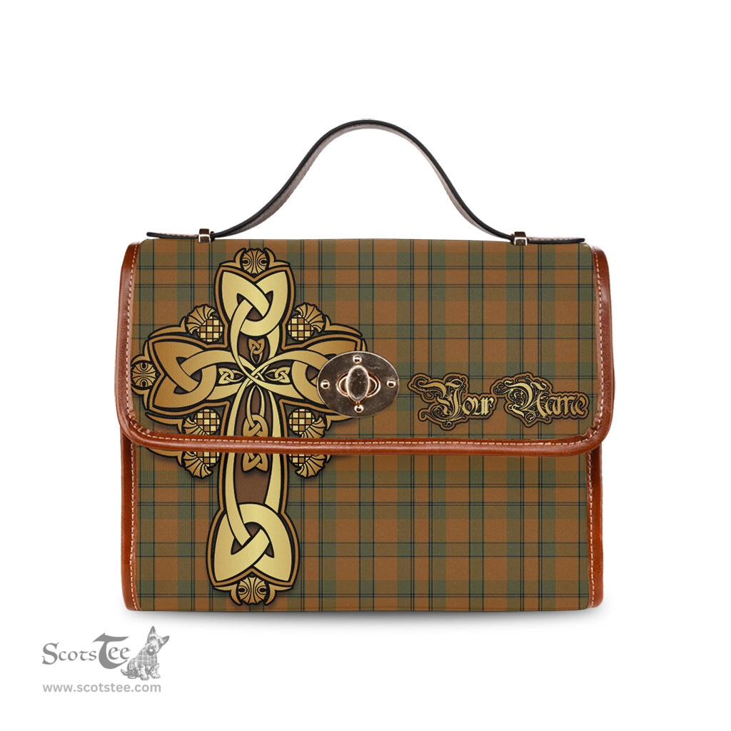 ScotsTee Shop Scottish Donachie of Brockloch Ancient Hunting Clan Tartan Canvas Bag Golden Thistle and Celtic Cross Personalize Your Name Bag