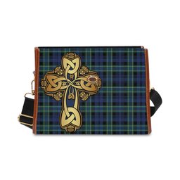 ScotsTee Shop Scottish Arbuthnot Modern Clan Tartan Canvas Bag Golden Thistle and Celtic Cross Personalize Your Name Bag