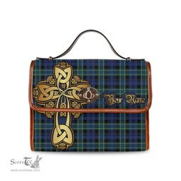 ScotsTee Shop Scottish Arbuthnot Modern Clan Tartan Canvas Bag Golden Thistle and Celtic Cross Personalize Your Name Bag