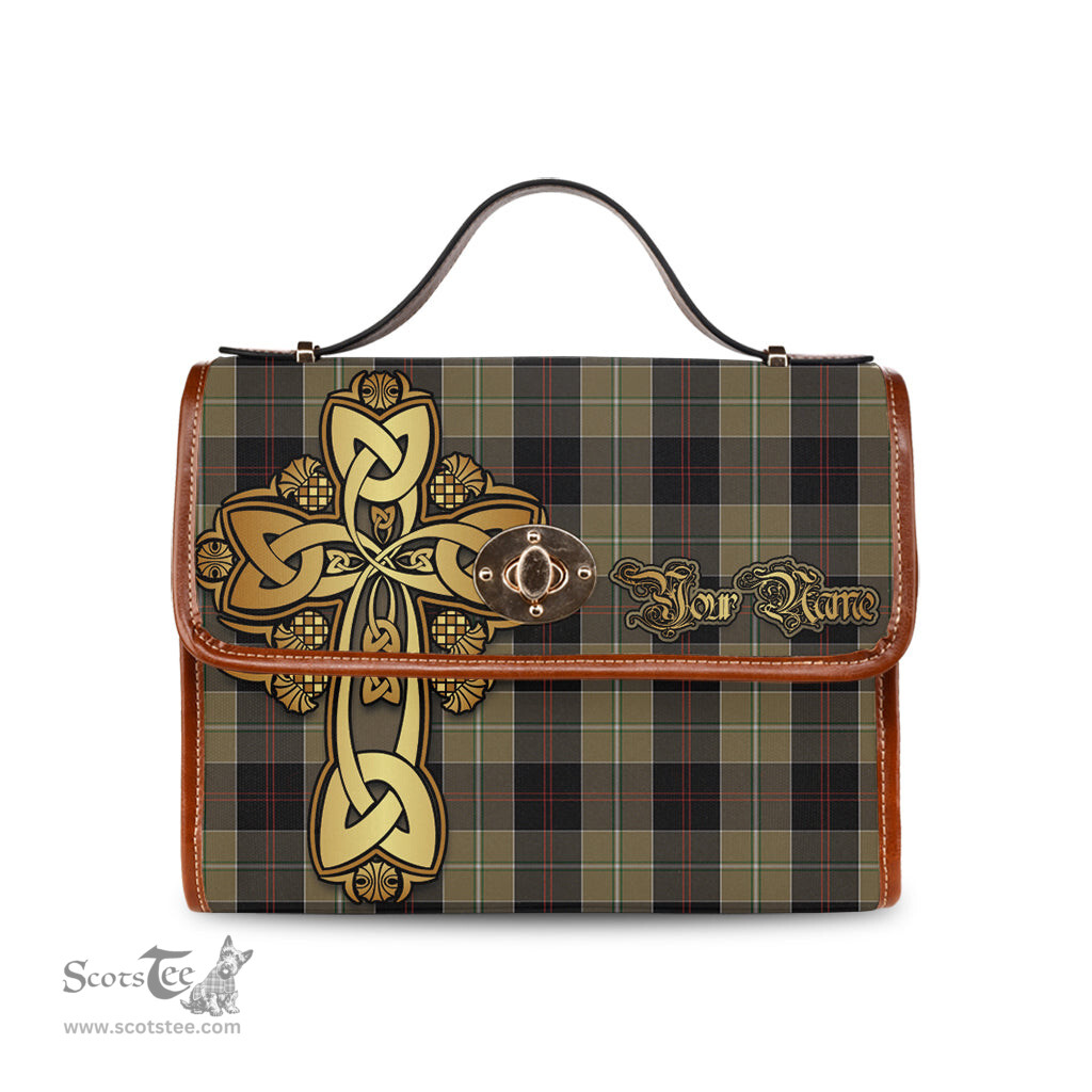 ScotsTee Shop Scottish Dunlop Hunting Clan Tartan Canvas Bag Golden Thistle and Celtic Cross Personalize Your Name Bag