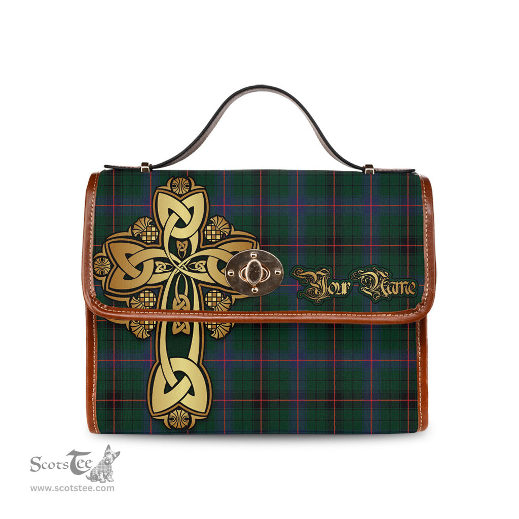 ScotsTee Shop Scottish Davidson Modern Clan Tartan Canvas Bag Golden Thistle and Celtic Cross Personalize Your Name Bag