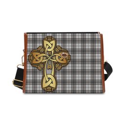 ScotsTee Shop Scottish Douglas Grey Modern Clan Tartan Canvas Bag Golden Thistle and Celtic Cross Personalize Your Name Bag
