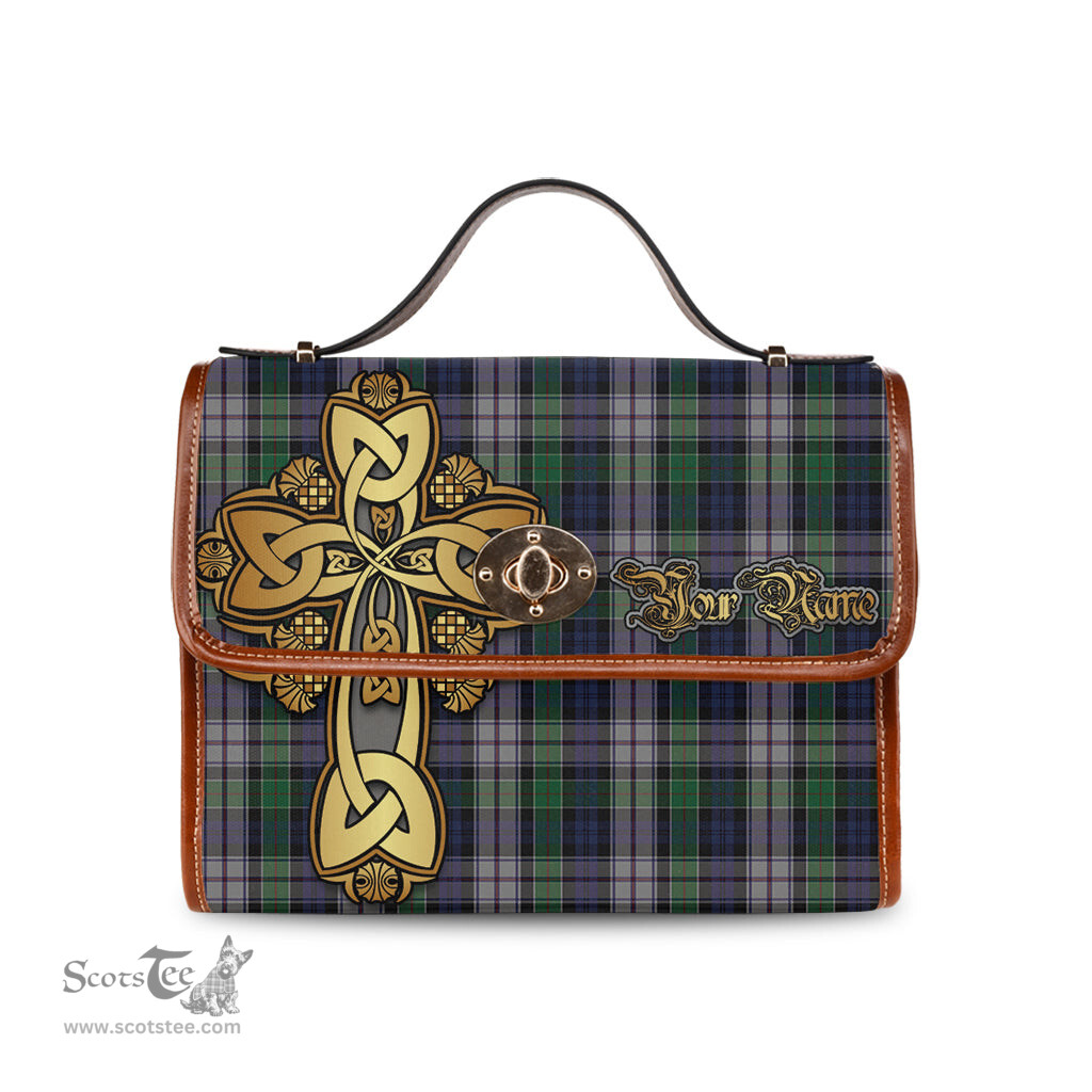 ScotsTee Shop Scottish Colquhoun Dress Clan Tartan Canvas Bag Golden Thistle and Celtic Cross Personalize Your Name Bag