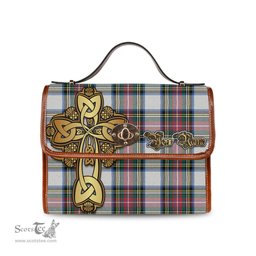 ScotsTee Shop Scottish Dennistoun Clan Tartan Canvas Bag Golden Thistle and Celtic Cross Personalize Your Name Bag