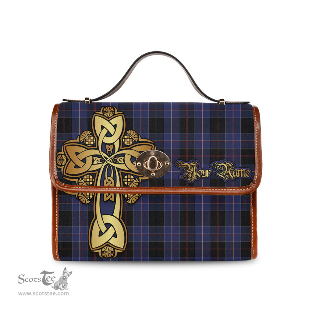 ScotsTee Shop Scottish Dunlop Clan Tartan Canvas Bag Golden Thistle and Celtic Cross Personalize Your Name Bag
