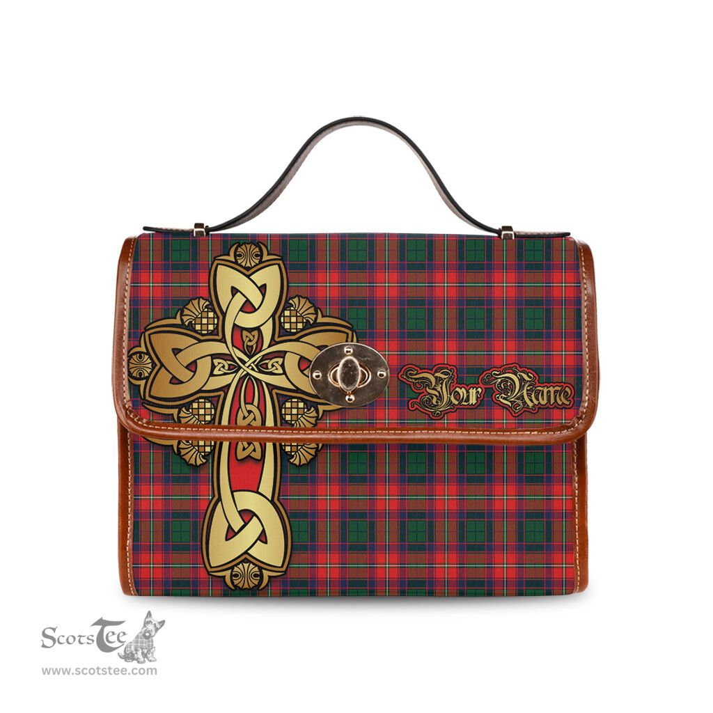 ScotsTee Shop Scottish Charteris Clan Tartan Canvas Bag Golden Thistle and Celtic Cross Personalize Your Name Bag