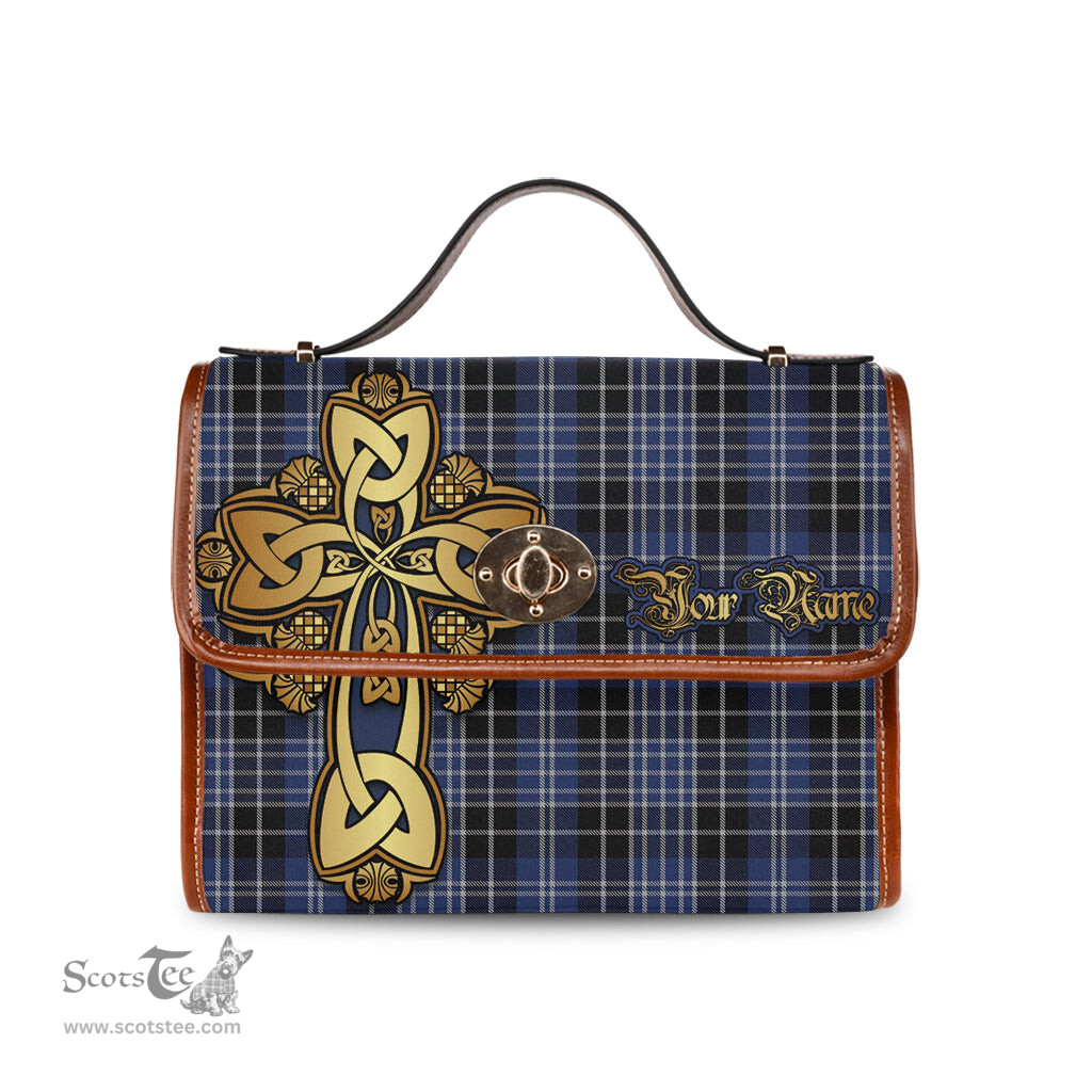ScotsTee Shop Scottish Clark Clan Tartan Canvas Bag Golden Thistle and Celtic Cross Personalize Your Name Bag
