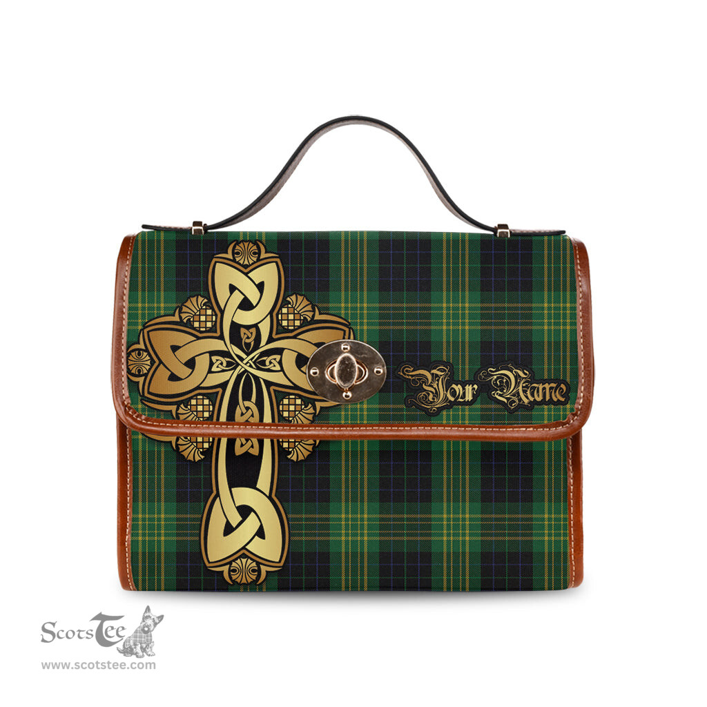 ScotsTee Shop Scottish Fitzpatrick Hunting Clan Tartan Canvas Bag Golden Thistle and Celtic Cross Personalize Your Name Bag
