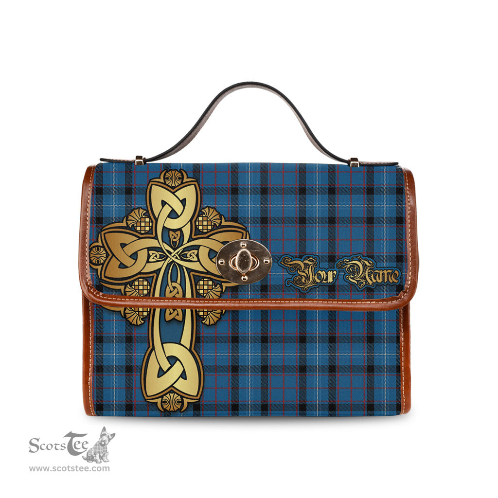 ScotsTee Shop Scottish Fitzgerald Family Clan Tartan Canvas Bag Golden Thistle and Celtic Cross Personalize Your Name Bag
