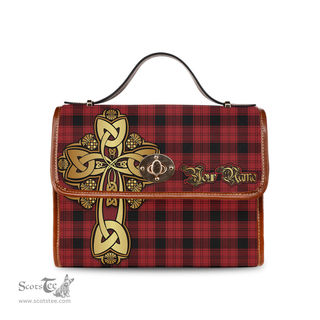 ScotsTee Shop Scottish Ewing Clan Tartan Canvas Bag Golden Thistle and Celtic Cross Personalize Your Name Bag
