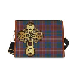 ScotsTee Shop Scottish Chisholm Hunting Modern Clan Tartan Canvas Bag Golden Thistle and Celtic Cross Personalize Your Name Bag