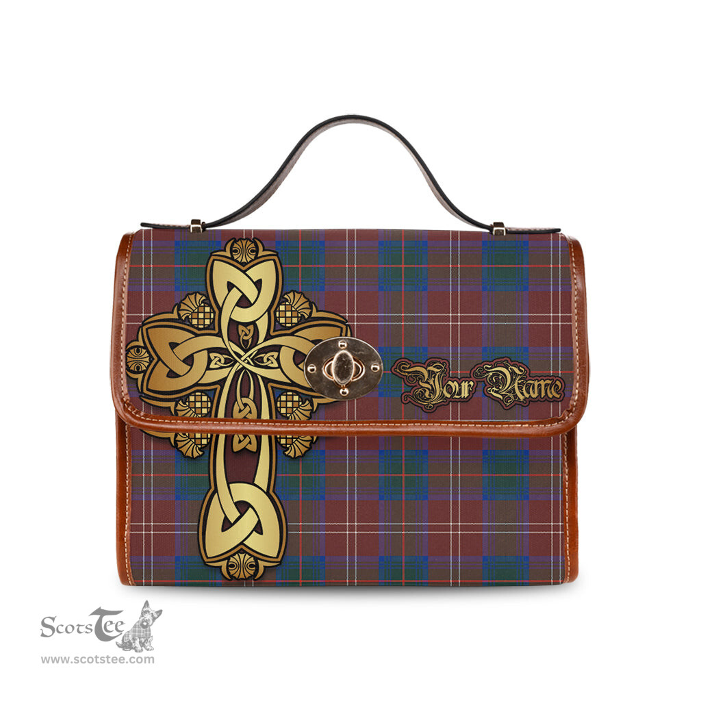 ScotsTee Shop Scottish Chisholm Hunting Modern Clan Tartan Canvas Bag Golden Thistle and Celtic Cross Personalize Your Name Bag