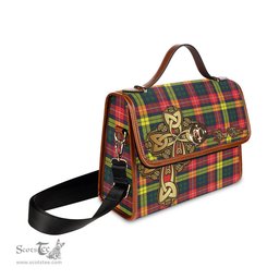 ScotsTee Shop Scottish Dewar Clan Tartan Canvas Bag Golden Thistle and Celtic Cross Personalize Your Name Bag