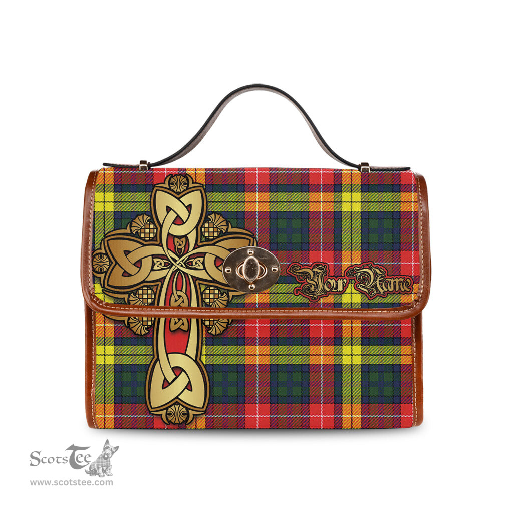 ScotsTee Shop Scottish Dewar Clan Tartan Canvas Bag Golden Thistle and Celtic Cross Personalize Your Name Bag