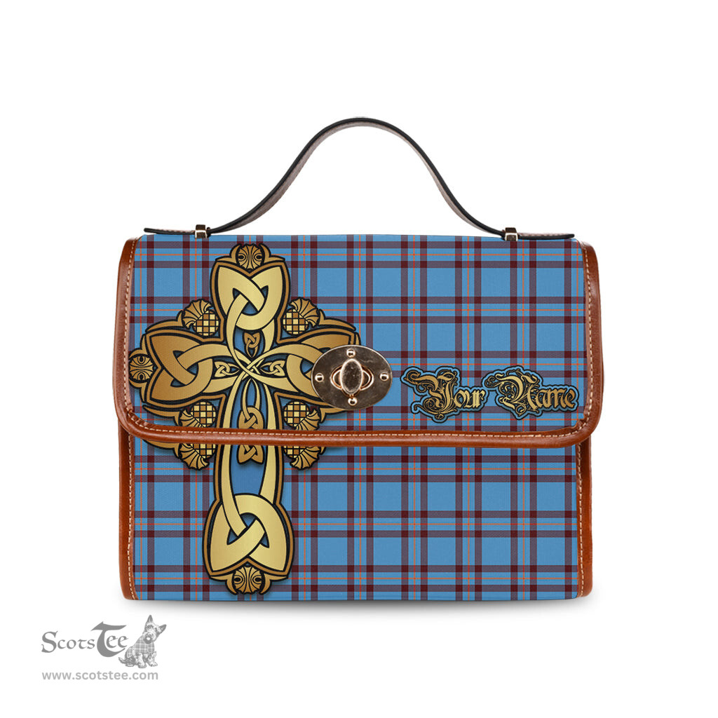 ScotsTee Shop Scottish Elliot Ancient Clan Tartan Canvas Bag Golden Thistle and Celtic Cross Personalize Your Name Bag
