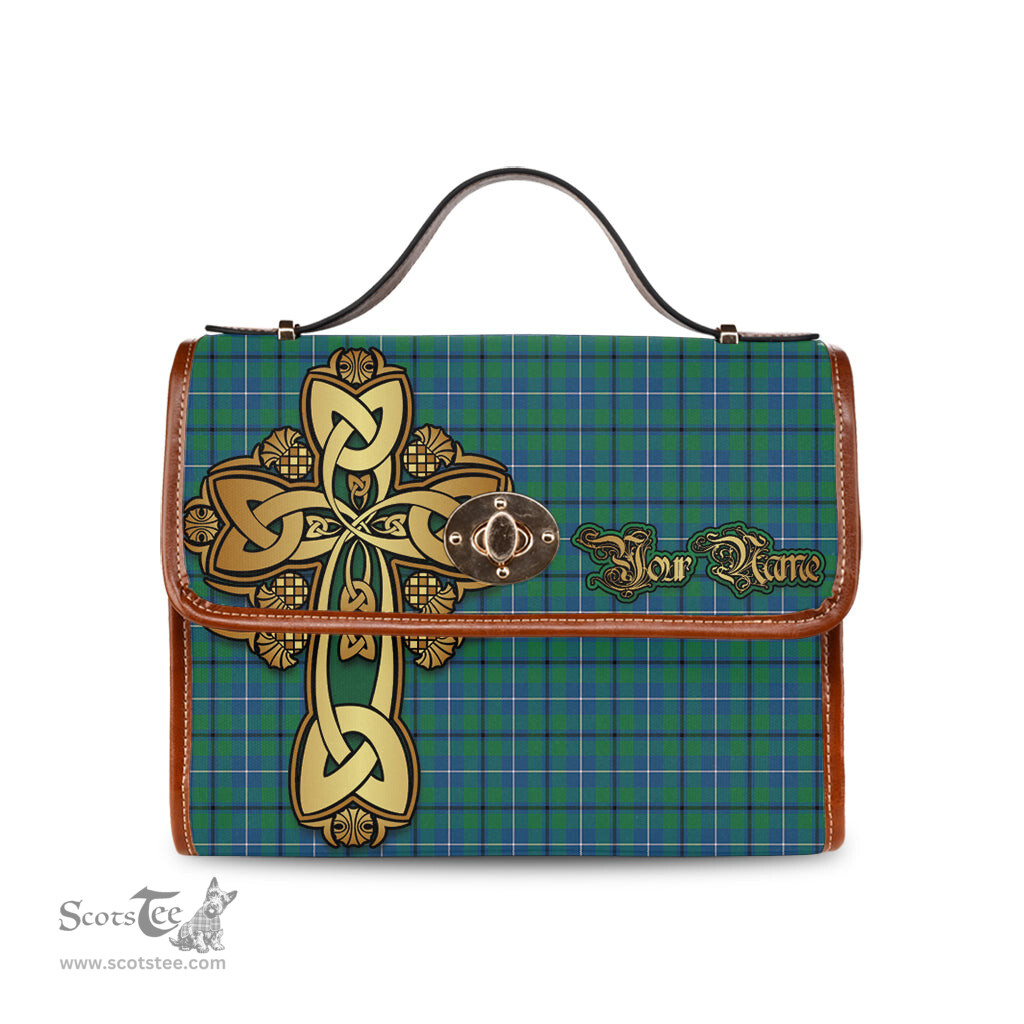 ScotsTee Shop Scottish Douglas Ancient Clan Tartan Canvas Bag Golden Thistle and Celtic Cross Personalize Your Name Bag