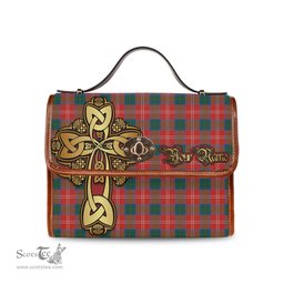 ScotsTee Shop Scottish Chisholm Ancient Clan Tartan Canvas Bag Golden Thistle and Celtic Cross Personalize Your Name Bag