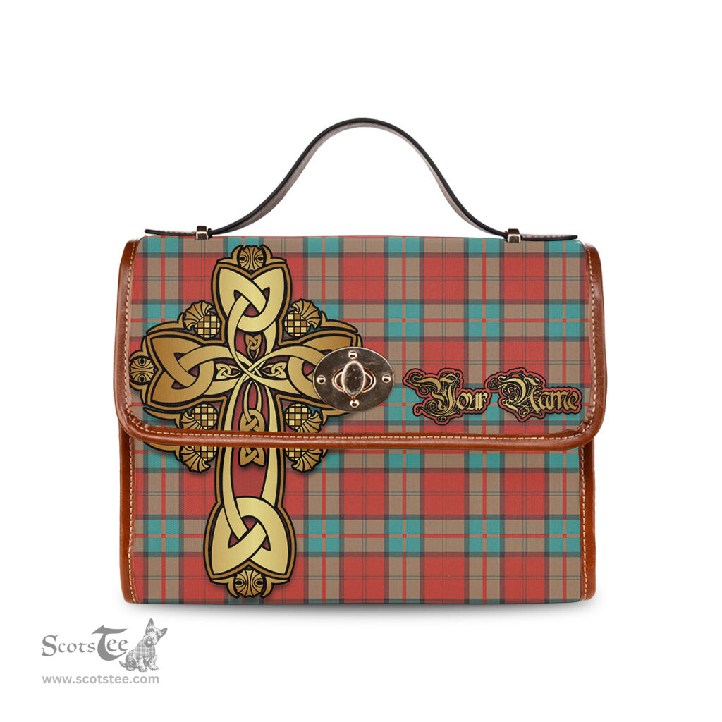 ScotsTee Shop Scottish Dunbar Ancient Clan Tartan Canvas Bag Golden Thistle and Celtic Cross Personalize Your Name Bag