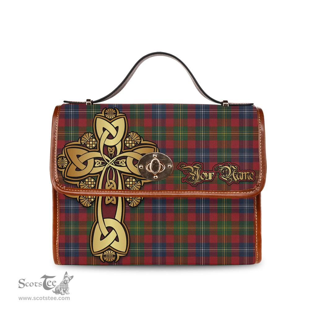 ScotsTee Shop Scottish Forrester or Foster Clan Tartan Canvas Bag Golden Thistle and Celtic Cross Personalize Your Name Bag