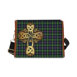ScotsTee Shop Scottish Farquharson Modern Clan Tartan Canvas Bag Golden Thistle and Celtic Cross Personalize Your Name Bag