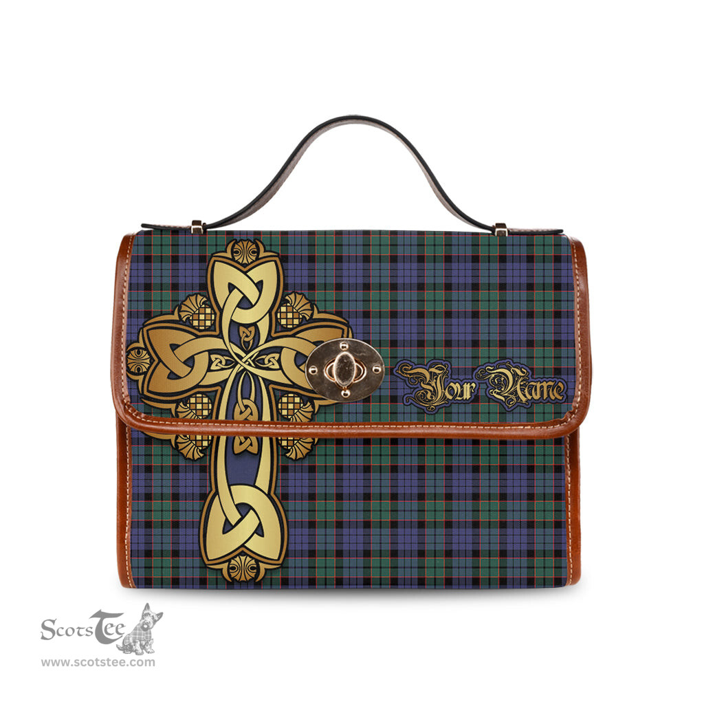 ScotsTee Shop Scottish Fletcher Modern Clan Tartan Canvas Bag Golden Thistle and Celtic Cross Personalize Your Name Bag