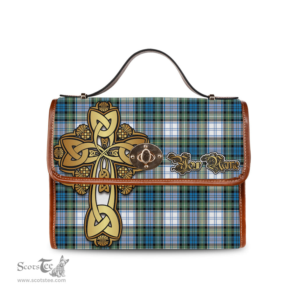 ScotsTee Shop Scottish Campbell Dress Ancient Clan Tartan Canvas Bag Golden Thistle and Celtic Cross Personalize Your Name Bag