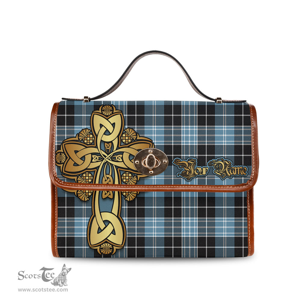 ScotsTee Shop Scottish Clark Ancient Clan Tartan Canvas Bag Golden Thistle and Celtic Cross Personalize Your Name Bag