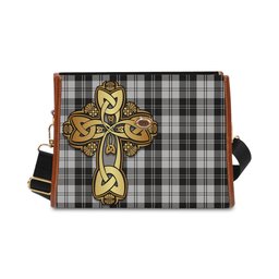 ScotsTee Shop Scottish Erskine Black and White Clan Tartan Canvas Bag Golden Thistle and Celtic Cross Personalize Your Name Bag
