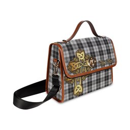 ScotsTee Shop Scottish Erskine Black and White Clan Tartan Canvas Bag Golden Thistle and Celtic Cross Personalize Your Name Bag