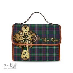 ScotsTee Shop Scottish Inglis Modern Clan Tartan Canvas Bag Golden Thistle and Celtic Cross Personalize Your Name Bag