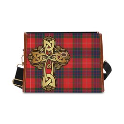 ScotsTee Shop Scottish Fraser Modern Clan Tartan Canvas Bag Golden Thistle and Celtic Cross Personalize Your Name Bag