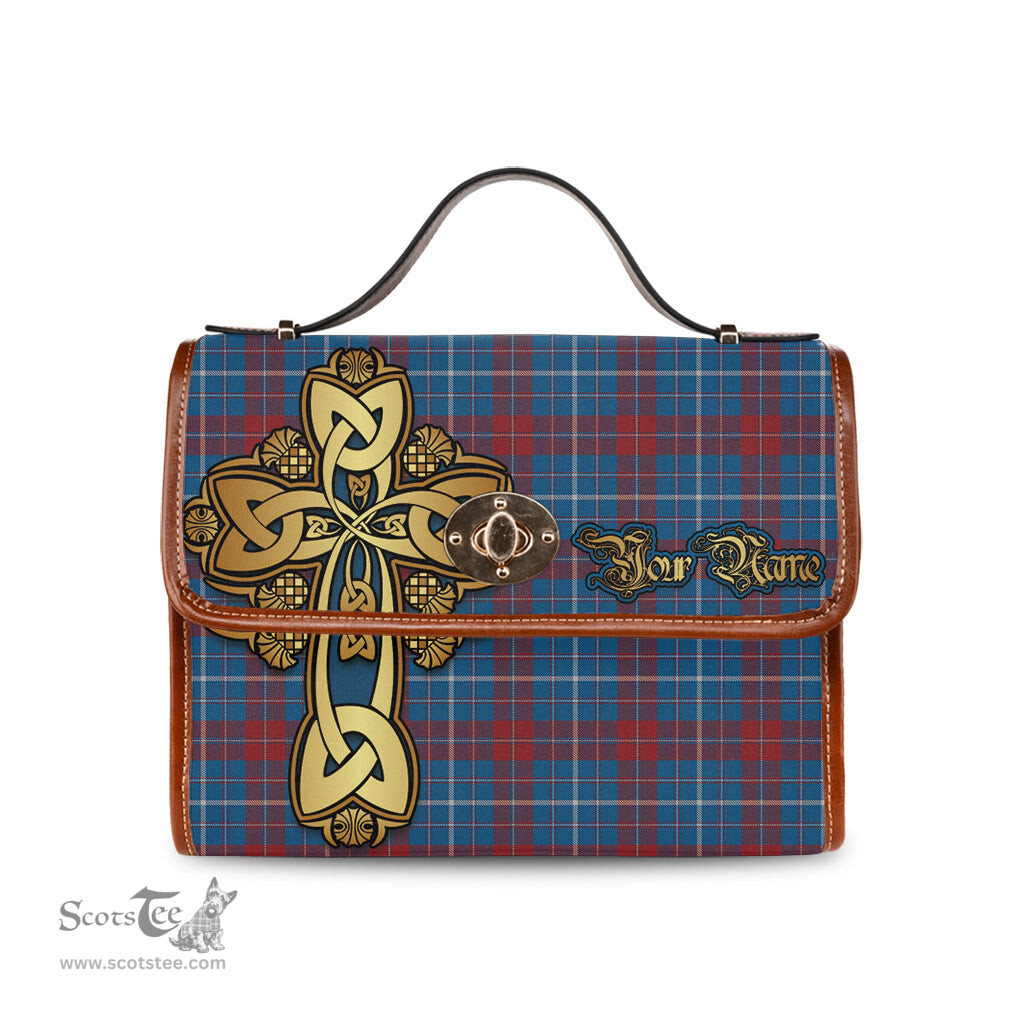 ScotsTee Shop Scottish Frame Clan Tartan Canvas Bag Golden Thistle and Celtic Cross Personalize Your Name Bag