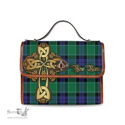 ScotsTee Shop Scottish Haldane Clan Tartan Canvas Bag Golden Thistle and Celtic Cross Personalize Your Name Bag