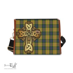 ScotsTee Shop Scottish Fraser Yellow Clan Tartan Canvas Bag Golden Thistle and Celtic Cross Personalize Your Name Bag