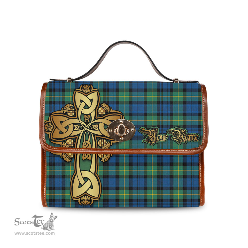 ScotsTee Shop Scottish Gordon Ancient Clan Tartan Canvas Bag Golden Thistle and Celtic Cross Personalize Your Name Bag