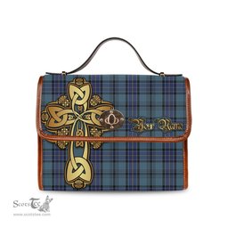 ScotsTee Shop Scottish Hannay Blue Clan Tartan Canvas Bag Golden Thistle and Celtic Cross Personalize Your Name Bag