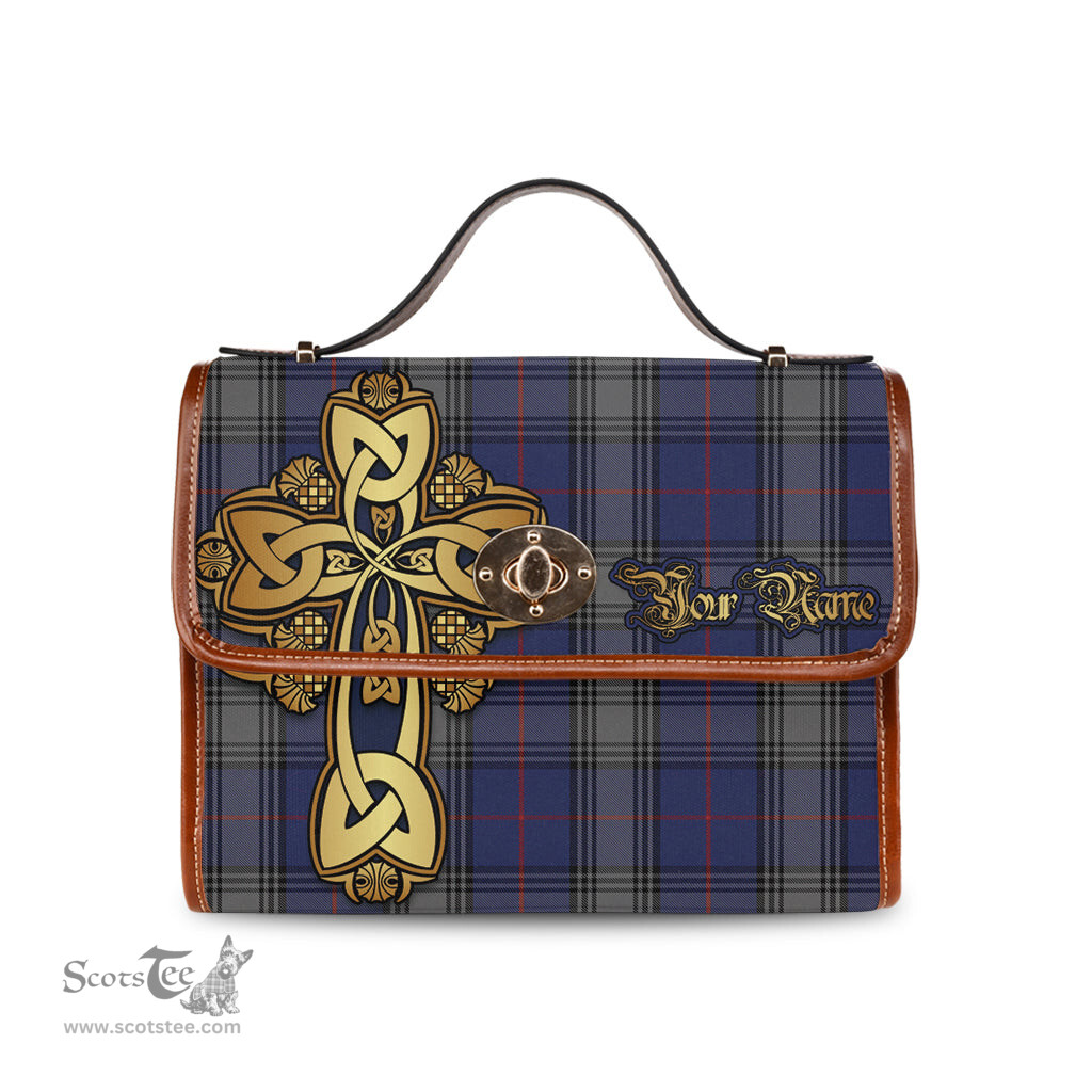 ScotsTee Shop Scottish Kinnaird Clan Tartan Canvas Bag Golden Thistle and Celtic Cross Personalize Your Name Bag