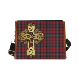 ScotsTee Shop Scottish Kelly of Sleat Red Clan Tartan Canvas Bag Golden Thistle and Celtic Cross Personalize Your Name Bag